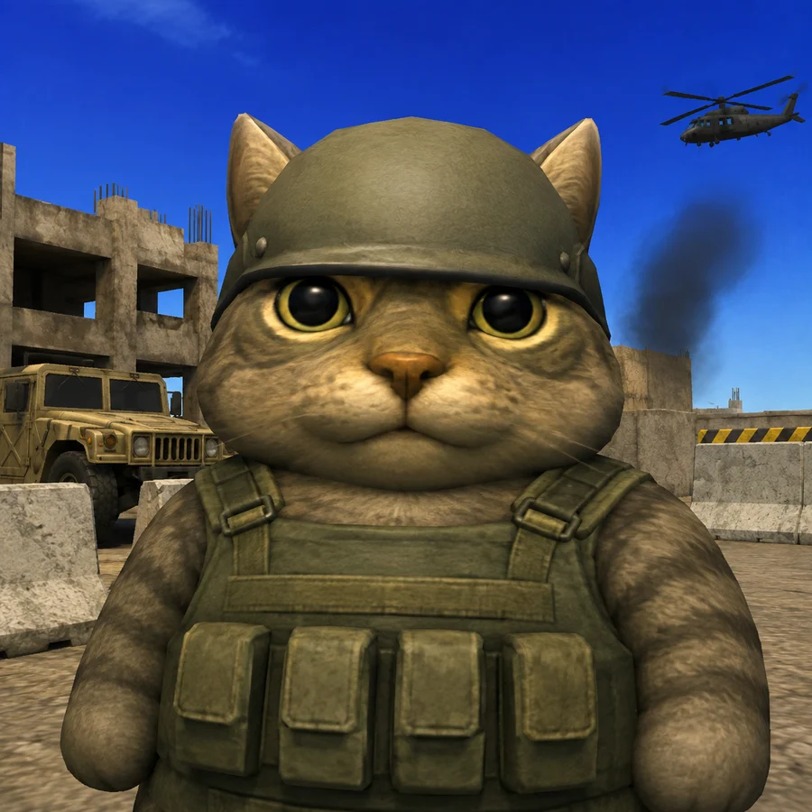 The soldier cat looking straight at the camera